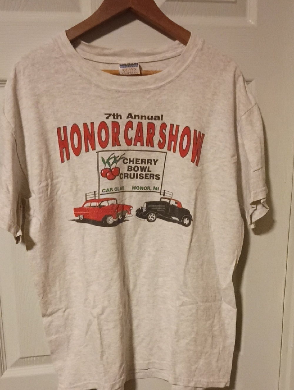 Gildan Cream Short Sleeve Tee with Red & Black Car Show Graphic